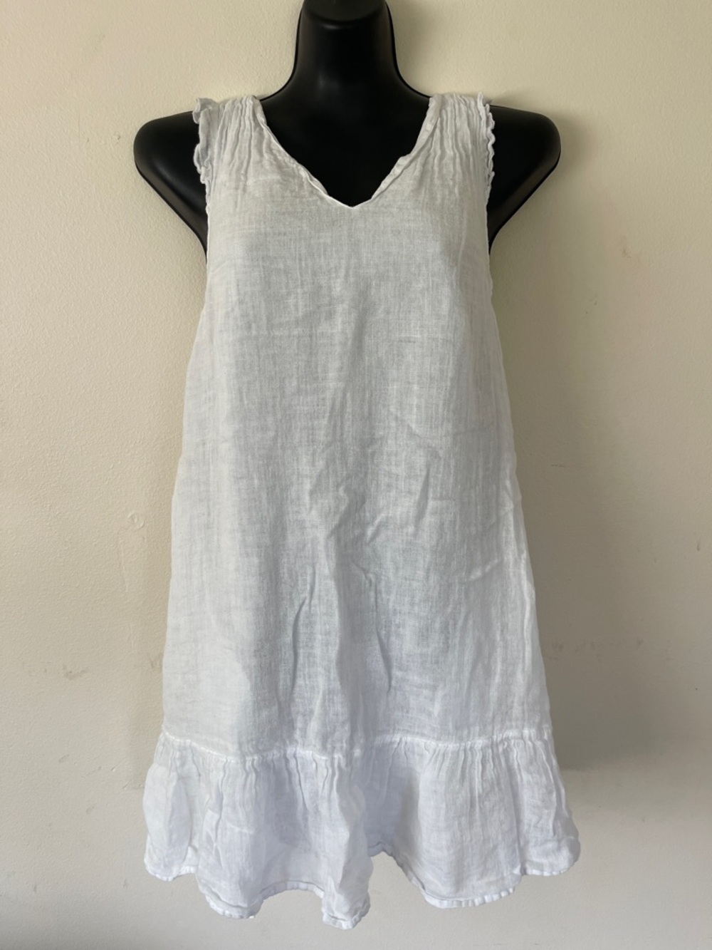 Jaeger White Linen V-Neck Ruffle-Hem Dress